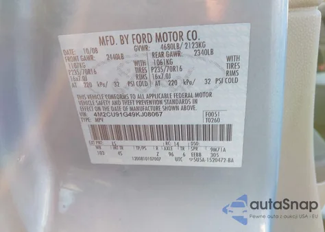 2009 Mercury Mariner V6 from USA, damaged, VIN 4M2CU91G49KJ08067